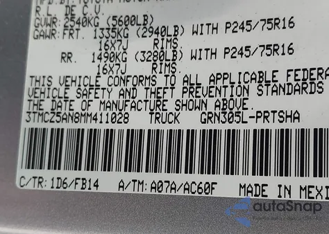 2021 Toyota Tacoma Sr V6 из США, поврежденный, VIN 3TMCZ5AN8MM411028